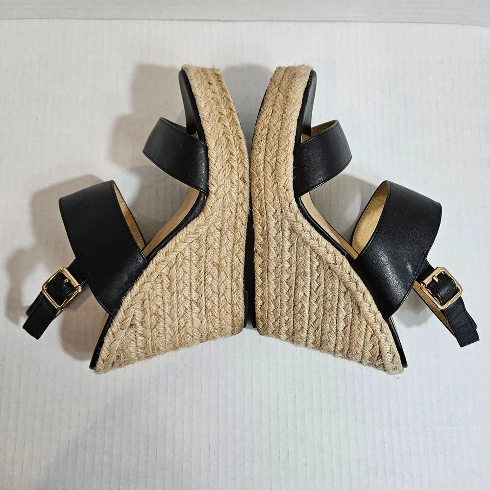 Allegra K Black Strappy Platform Jute Wedge Espadrille Sandals Size 6.5‎